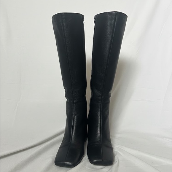 L'INTERVALLE Shoes - Black Knee-High Square-Toe Leather Boots Women's Tall Zip Boots